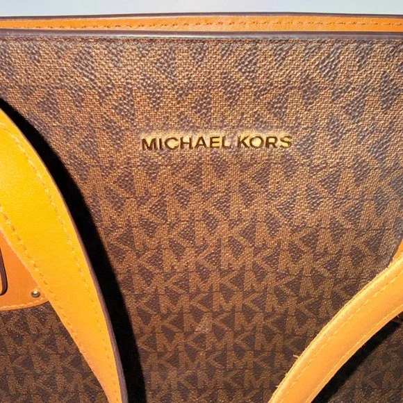 Michael Kors Women's Tote Bag Brown MK Logo Leather Trim Large - Picture 2 of 16